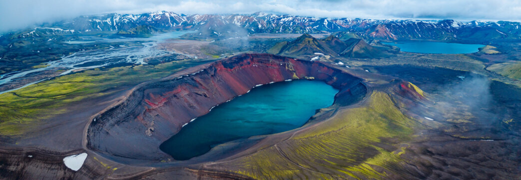 Aerial View of Iceland Highlands Crater Lake and Colorful Mountains