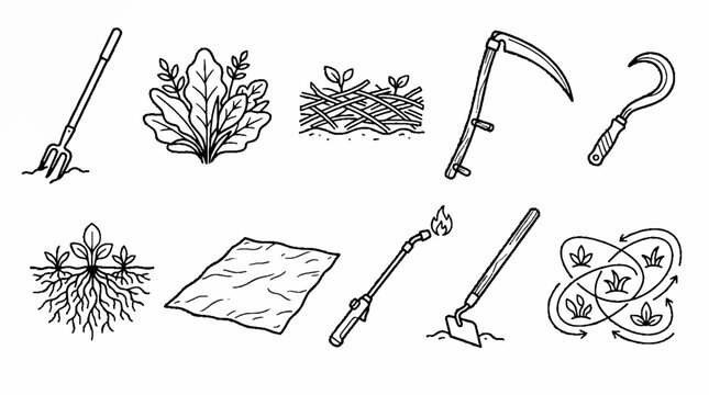 Hand drawn collection of gardening tools and agricultural icons.