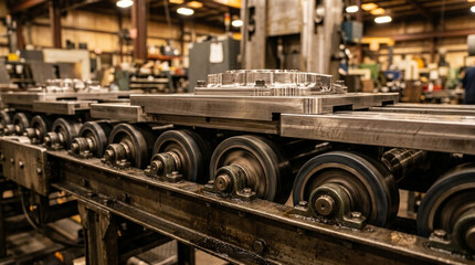 Fototapeta premium Industrial Factory Conveyor Belt with Metal Parts and Machinery