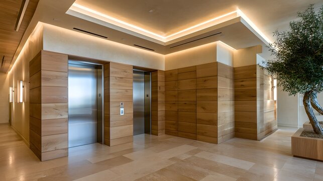 Modern elevator lobby with wood paneling, luxury office building interior with stainless steel lifts, elegant hotel hallway with warm cove lighting