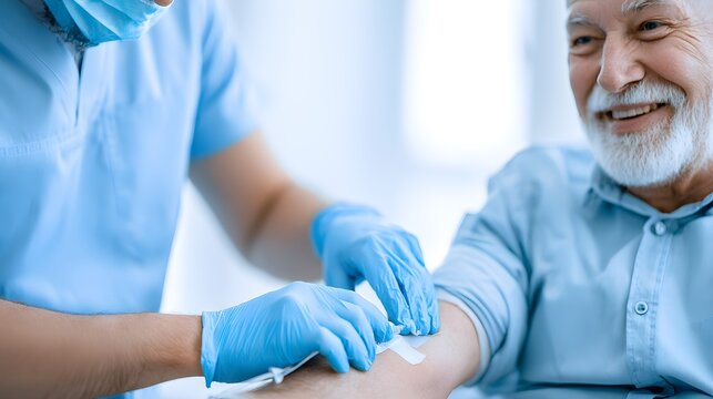 Professional blood draw procedure for senior patient, male nurse performing venipuncture, elderly man receiving medical injection in clinic
