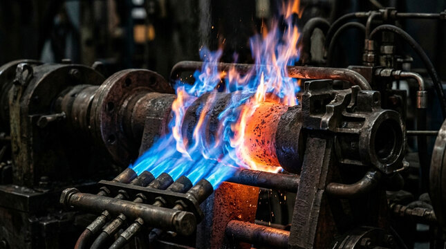 Industrial Forge Fire Flames Heating Metal Machinery, Manufacturing Process
