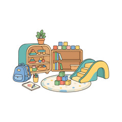 back to school, editable eps Pastel kindergarten playroom vector, colorful nursery classroom with toy shelves and slide, preschool interior elements for early childhood education isolated on