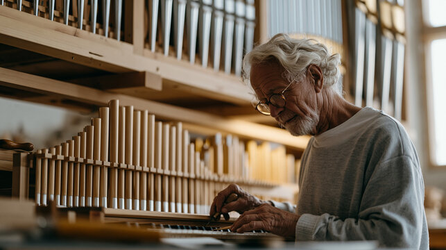 Elderly pipe organ builder in a minimalist workshop adjusting internal flue pipes with precision tools, the massive wooden framework towering overhead, the serene focus of a