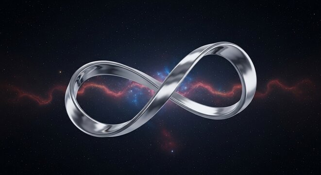 Infinity symbol made of polished chrome floats against a dark cosmic background with a faint red nebula.