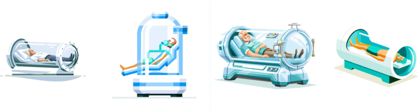 A serene elderly individual lies comfortably inside a cylindrical hyperbaric oxygen capsule chamber, surrounded by minimalistic geometric shapes in ice blue, clinical teal, and crisp white tones