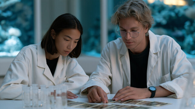 Tarot card reader and marine biologist colleague testing aquarium water chemistry side by side in sterile white lab space, glass vials and tarot deck spread across the same table,