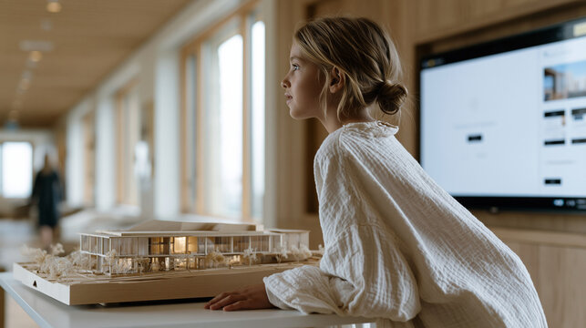 A child patient in a hospital corridor viewing an architecture firm's building scale model on a low table, the child's perspective framing the miniature structure at eye level