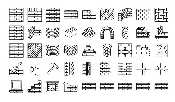Modern Brick Wall Line Icons Seamless Masonry Pattern Vector Set