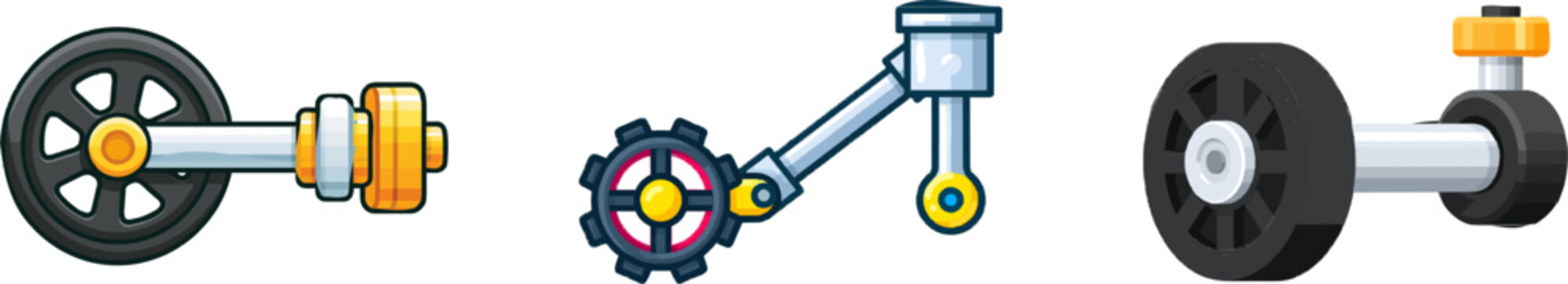 A minimalist vector illustration depicts a vintage steam locomotive drive wheel connected to a sliding steel piston rod assembly, rendered in a clean, geometric style with cast iron black, steel