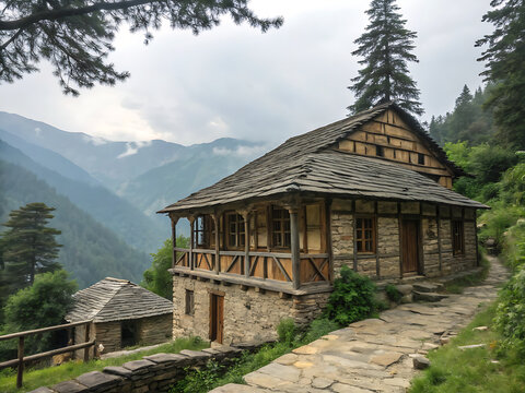 Himachali stone cottage with timber framing and slate roof.
