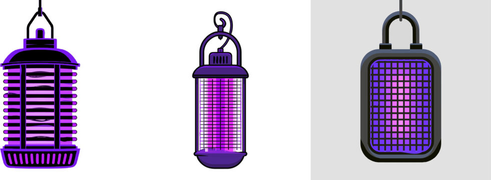 A minimalist bug zapper illustration in purple and black features glowing UV violet details against a clean white background