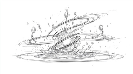 Obraz premium Abstract Water Swirl Splash Sketch in Monochrome Line Art on White Background