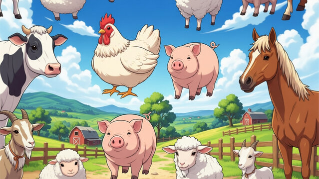 Cartoon farm animals illustration featuring cow, pig, chicken, horse, and sheep in rural landscape with barns. Bright daylight, playful mood. AI generated.