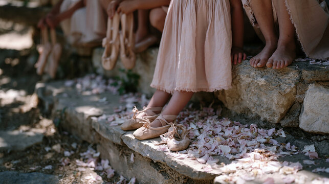 Young children at a ballet class outdoors in a botanical garden aftermath scene, tiny dancers resting on a stone step after rehearsal, ballet shoes dangling, petals scattered from