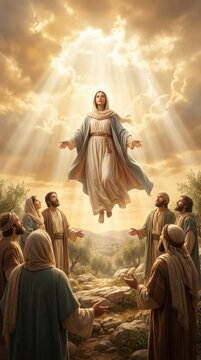 Mary divine ascension: holy assumption, sacred miracle, celestial transition, golden light, pious disciple, watch wonder, heaven beam, elevate woman, biblical scene, grace cloud.
