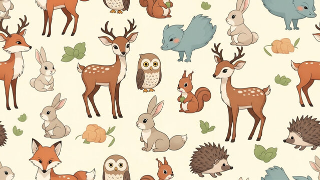 Seamless pattern of cute forest animals including deer, fox, owl, and rabbit. Whimsical woodland illustration for nursery decor. AI generated.