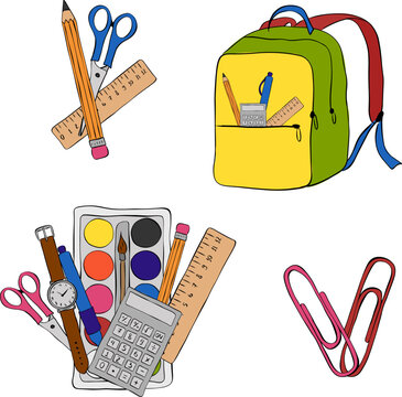 scissor and pencil and ruller School composition set colored hand drawn illustration. Vector graphic line ink art. background for banners, print for fabric, labels, t-shirt printing.