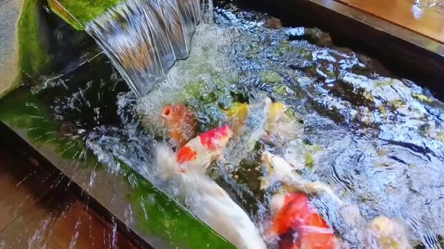 Several white, orange, and red koi fish swimming in a dark pond under a flowing waterfall producing splashing water, bubbles, and ripples near algae-covered green concrete borders.