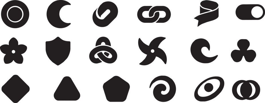 Isolated Minimalist black logo icons set, 18 abstract geometric symbols and branding elements, modern flat vector shapes for corporate identity and web design ,Clean grouped each Icon