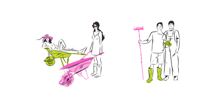 Hand drawn vector graphic sketch line illustration set with various people involved in gardening and watering .Gardening concept vector graphic illustration line art. Cute garden person drawing