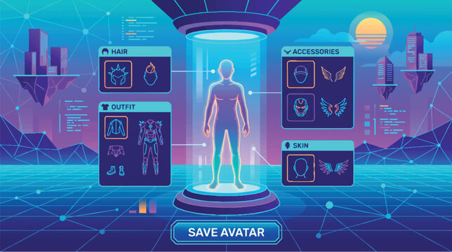 Futuristic Metaverse Avatar Customization Interface Screen with Digital Character Options