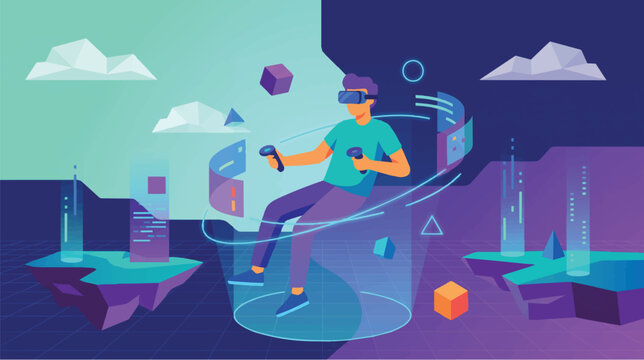 Virtual Reality Metaverse Exploration Concept Man Flying with VR Glasses and Controllers