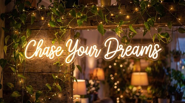 Chase Your Dreams neon sign glowing warmly amid vines and string lights