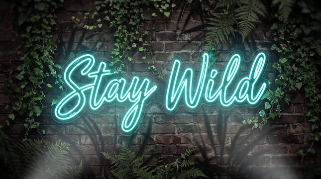 Stay Wild neon sign glowing on brick wall surrounded by ferns and ivy