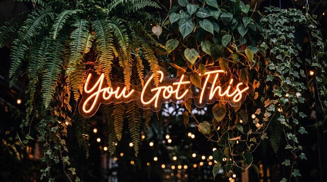 You Got This neon sign illuminated among hanging ferns and string lights