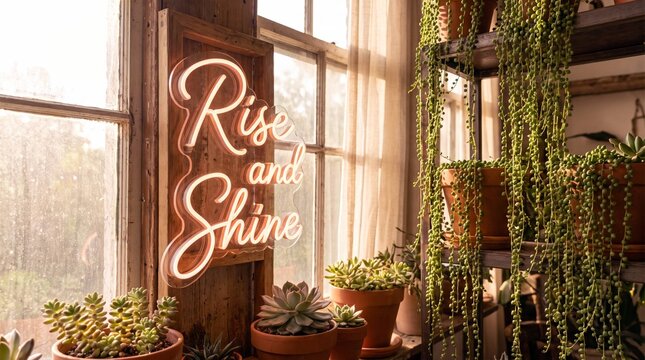 Rise and Shine neon sign glowing warmly beside window with succulents