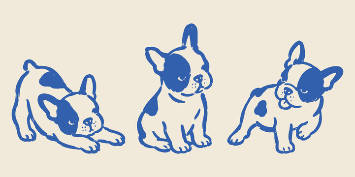French Bulldog Puppies Doodle Set Vector Illustration