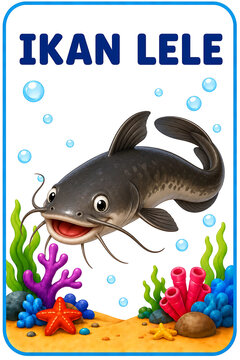 Educational flashcard illustration of a cheerful catfish swimming in a vibrant coral reef for children to study marine life