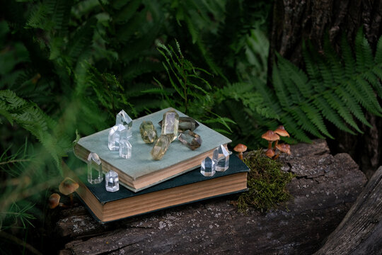 set of quartz minerals and books in forest, natural background. Magic Crystal Ritual. Litho therapy with healing gemstones. Witchcraft, spiritual esoteric ceremony. practical magic. mystery atmosphere