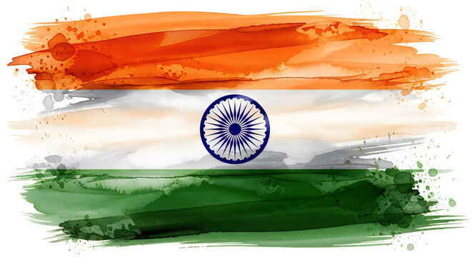 Indian national flag waving in vibrant watercolor style. Hand-painted tricolor with Ashoka Chakra for Independence Day celebrations.