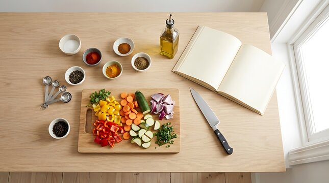 Fresh chopped vegetables on a wooden cutting board with spices and oil on a kitchen table. first recipe guide