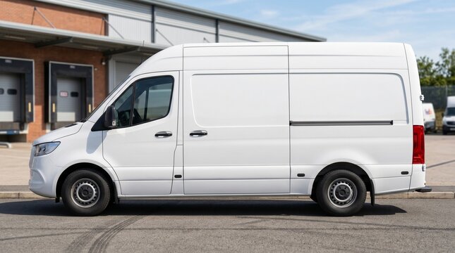 Blank white delivery van mockup. Side view of a commercial cargo vehicle for branding.