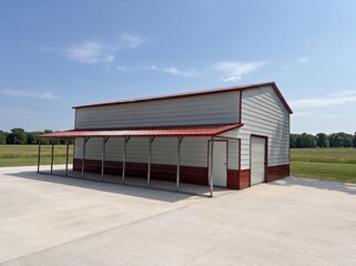 Naklejka premium Red and White Metal Barn with Lean-To Roof and Covered Patio Area