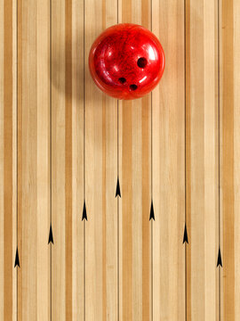 Red bowling ball on wooden bowling lane 3d