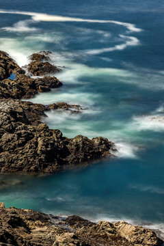 Water swirling around rocks, motion blur