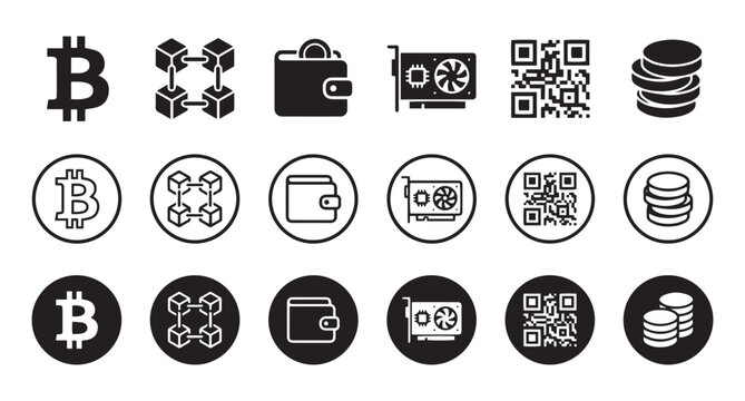 Cryptocurrency finance icons including bitcoin wallet blockchain qr code and coin stack