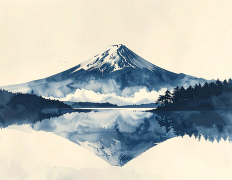 Sumi-e ink wash painting of Mount Fuji minimalist japanese art with copy space