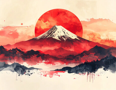 Red Mount Fuji aka fuji color ink wash sumi-e japanese art with copy space