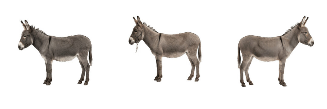 Domestic donkeys and cute gray burros standing isolated on white background farm animal photography elements