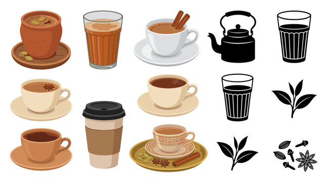 Set of vector collection featuring different masala chai tea servings, traditional masala chai in ceramic cup, Indian chai in glass, chai with cinnamon sticks, spiced tea in teacup
