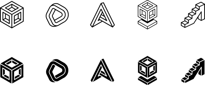 Isolated Impossible shapes and optical illusion icons, set of 10 geometric paradox vector elements, black and white isometric penrose symbols for logo design ,Clean grouped each Icon