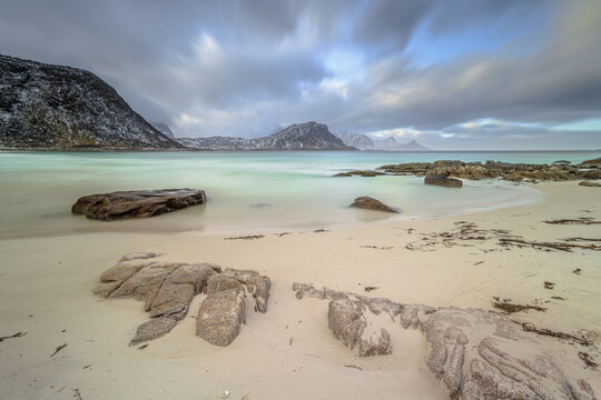 Last sunlight glowing over rocks at Vik Strand Beach