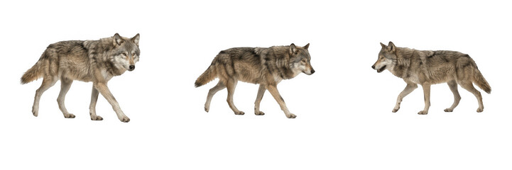 Wild gray wolves and timber predators walking isolated on white background wildlife photography elements © Soor