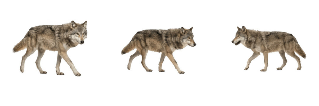 Wild gray wolves and timber predators walking isolated on white background wildlife photography elements