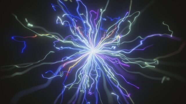 4K Blue Green Electric Particle Explosion with Glowing Light Trails and Sparkles. Futuristic Energy Burst Abstract 3D Motion Graphics Background Video, 2160p